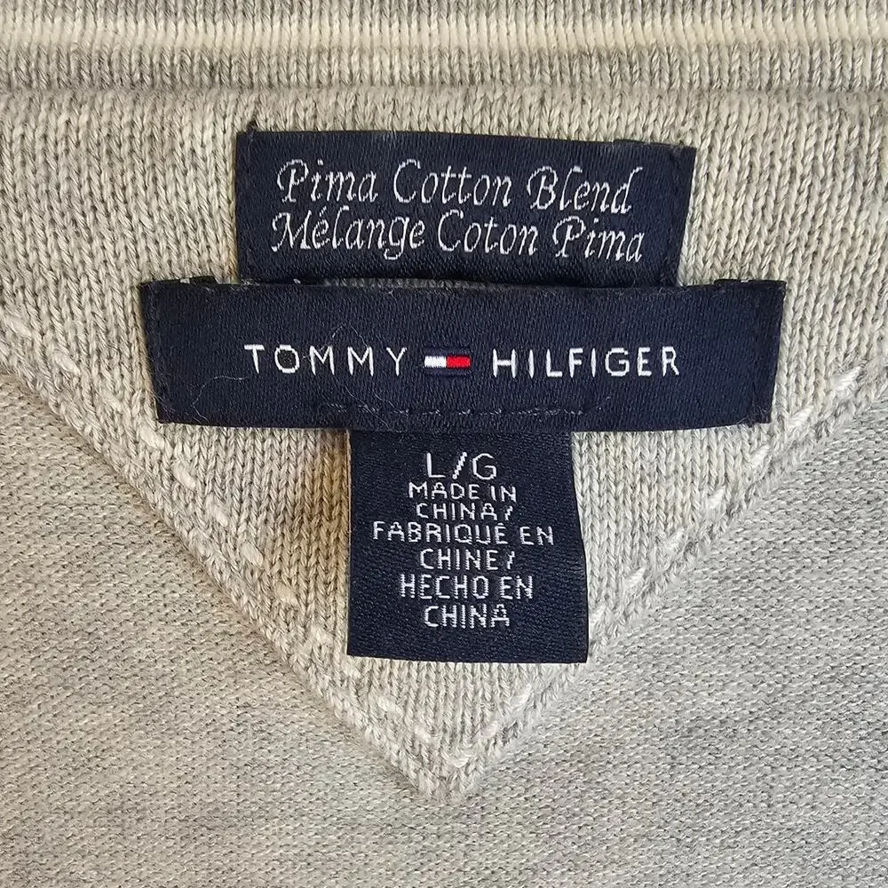 Tommy Hilfiger Grey Pima V-Neck Preppy Heritage Academia Logo Pullover Sweater